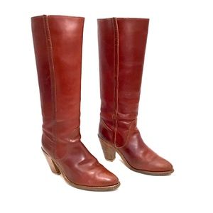 FRYE Red Brown Leather Knee High Vintage Boots
